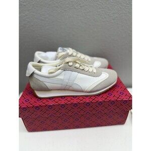 Tory Burch Hank Sneakers Size 8.5 New Snow White Beige Nylon Suede